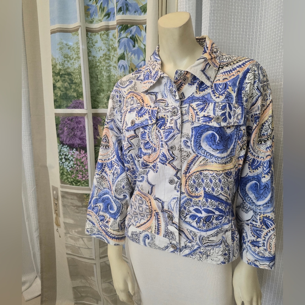 Chico's Button Front Jacket BLue Paisley Print Cotton XL/16 (Chico's Sz 3)